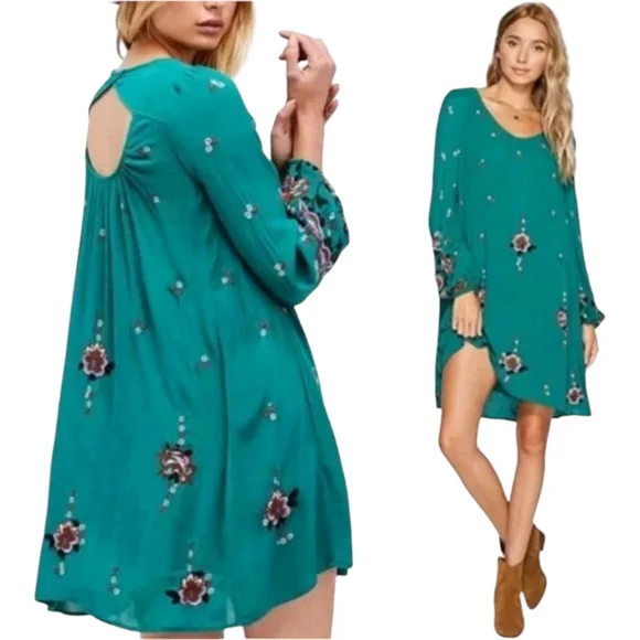 Free People Sweet Tennessee Swing Mini Dress Green Multicolor Embroidered Boho L - Picture 4 of 7